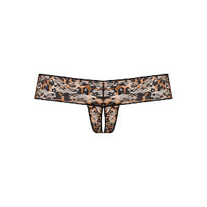 Underneath Gigi Crotchless Thong (Black), leopardí tanga s otevřeným rozkrokem S/M