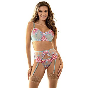 Subblime Flower Embroidered Bra And Garter Belt Set (Blue/Pink), krajková souprava s podvazky