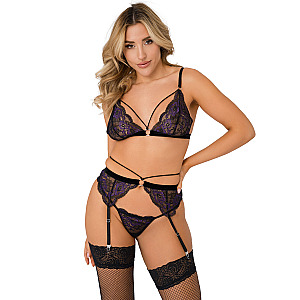Daring Intimates 3PC Lace Bra, Panty & Garter Set (Purple), krajková 3dílná souprava