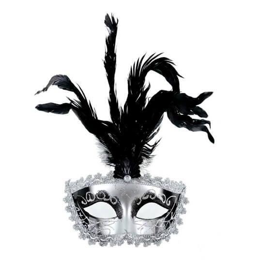 Benátská maska přes oči stříbrná s peřím