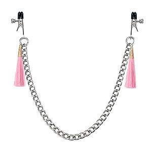 LoveToy Tassel Nipple Clamp with Chain Pink, růžové skřipce na bradavky 14 cm