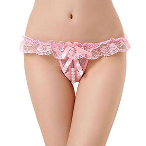 Růžová tanga Queen Lingerie s otevřeným rozkrokem a perlami