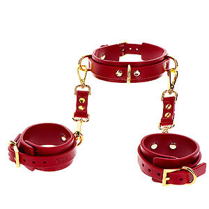 TABOOM Bondage In Luxury D-Ring Collar and Wrist Cuffs (Red)