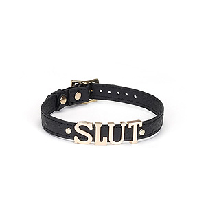 Liebe Seele Demons Kiss Black Leather Choker, kožený choker s písmeny slut