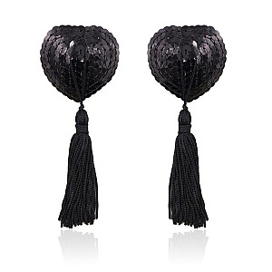 LATETOBED BDSM LINE Self-Adhesive Heart Sequin Nipple Cover with Tassel (Black), samolepicí krytky bradavek