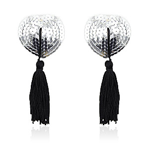 LATETOBED BDSM LINE Self-Adhesive Heart Sequin Nipple Cover with Tassel (Silver/Black), samolepicí krytky bradavek