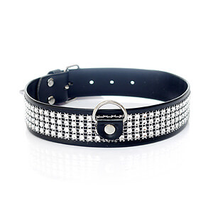 Třpytivý obojek Fetish Boss Series Collar Silver Crystals, 3 cm vysoký