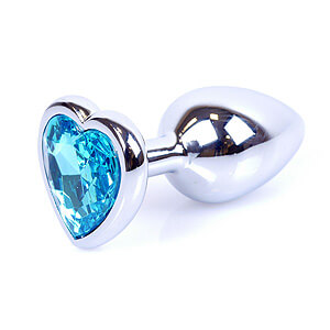 Boss Series Jewellery Silver Heart Plug Light Blue - stříbrný anální kolík s drahokamem ve tvaru srdce 7 x 2,7 cm
