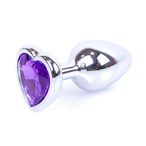 Boss Series Jewellery Silver Heart Plug Purple - stříbrný anální kolík s drahokamem ve tvaru srdce 7 x 2,7 cm